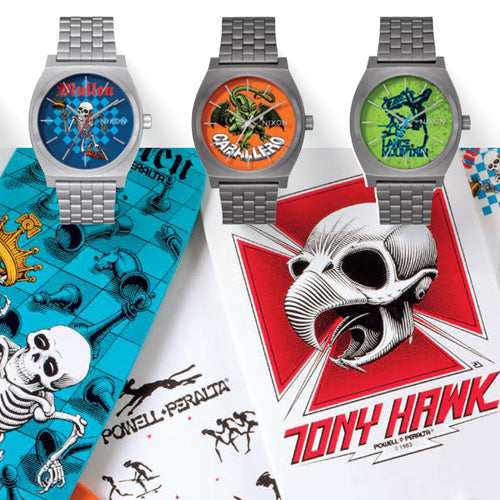 A collection of three Nixon watches with skateboard-themed faces, including designs for Steve Caballero, Lance Mountain, and Tony Hawk, displayed alongside matching skateboard deck graphics.