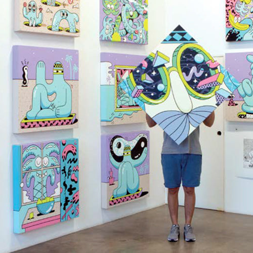 A colorful, psychedelic-pop illustration by Steven Harrington featuring a whimsical character and palm trees, designed for a collaboration landing page.