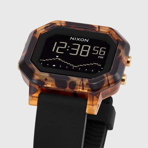 Nixon digital watch with tortoiseshell case and black strap.