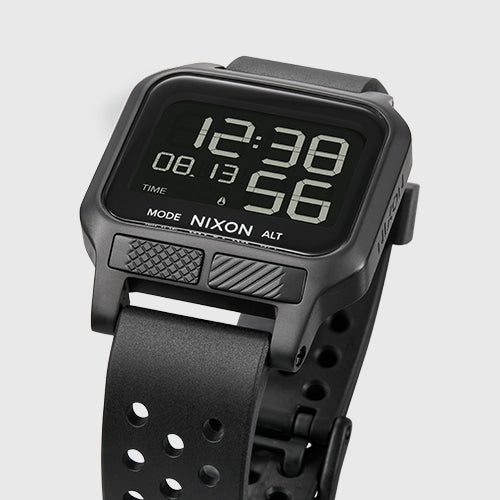 A close-up shot displays a black Nixon digital watch with a perforated strap, showing the time 12:38 and date 08.13.
