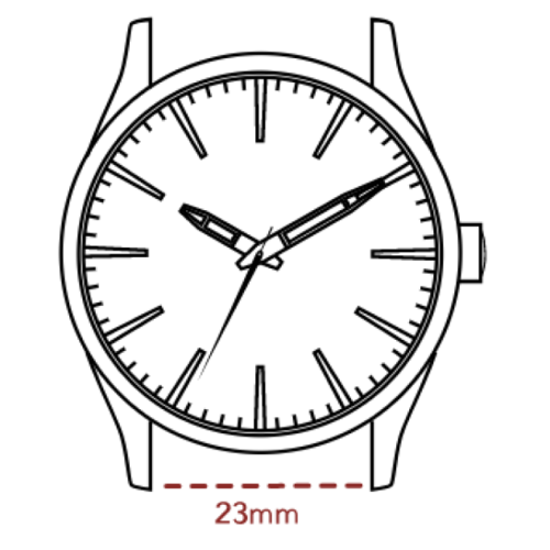 A Nixon watch that has a 23mm watch band drawn in a black and white sketch.